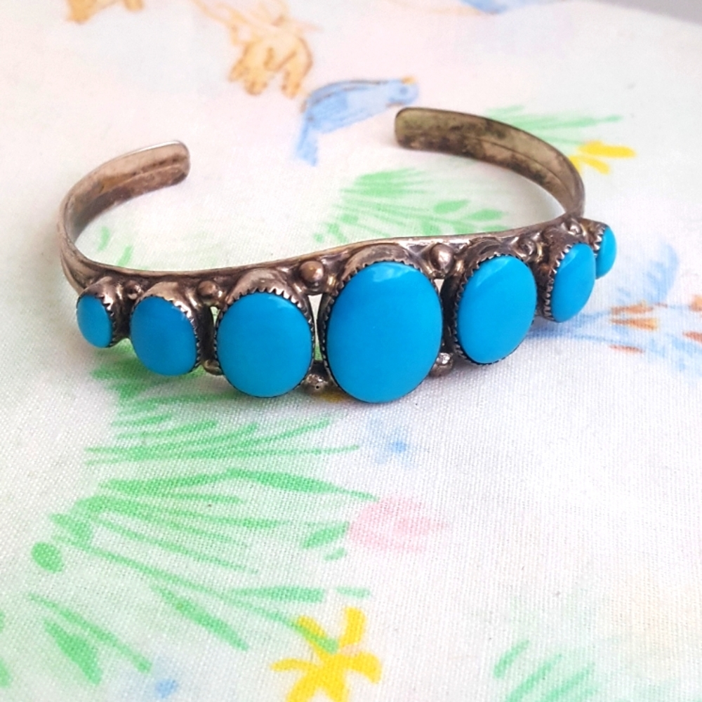 🌙Vintage Navajo Row Cuff Signed WP Sterling  Sleeping Beauty Blue Bracelet